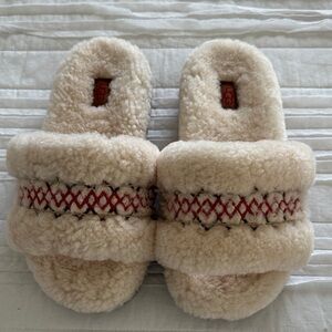 UGG Tan Fuzzy Slippers with Red Stitching